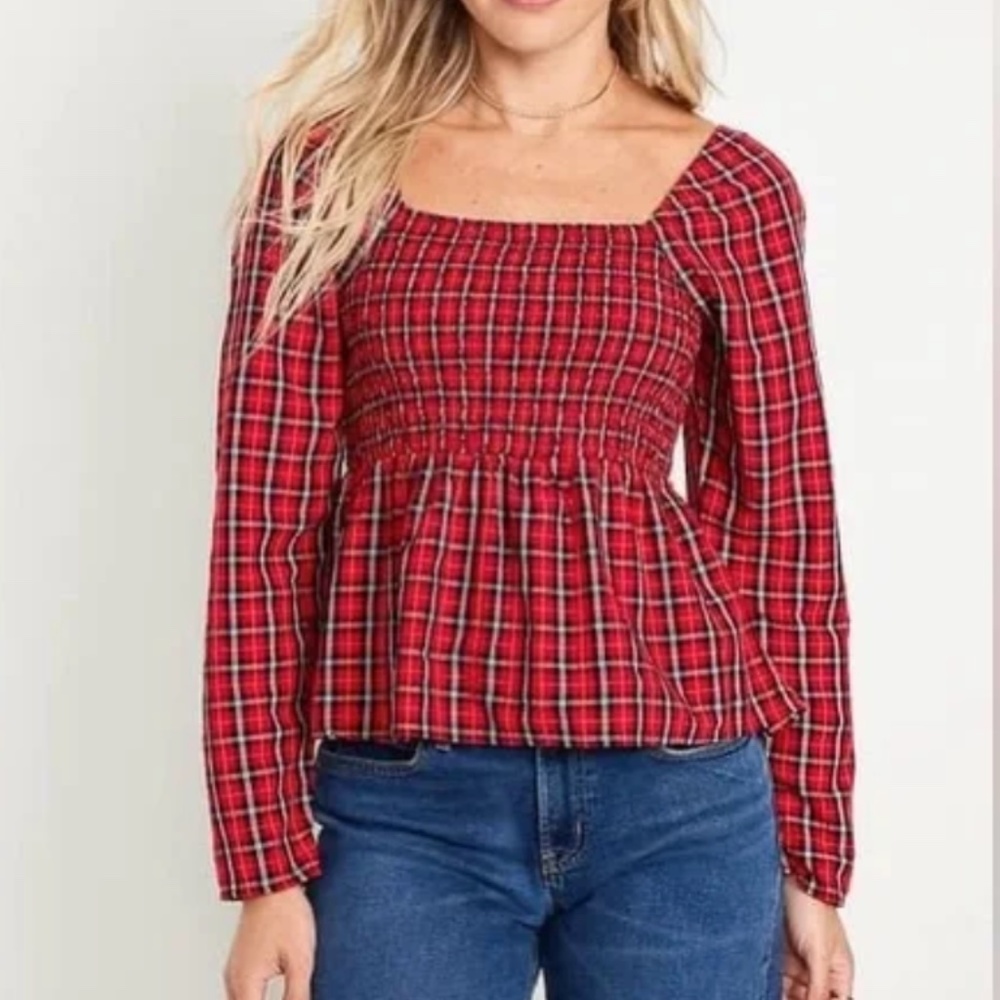 Old Navy Smocked Red Tartan Top | Size L & XL